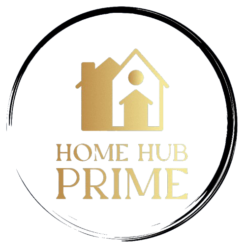 A gold home hub prime logo on top of a green background.